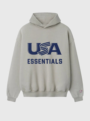 RECREATED Essentials Fear of God 2026 USA Baseball Sport Fleece Pullover Hoodie in Grey featuring plush fleece fabric with a relaxed casual profile