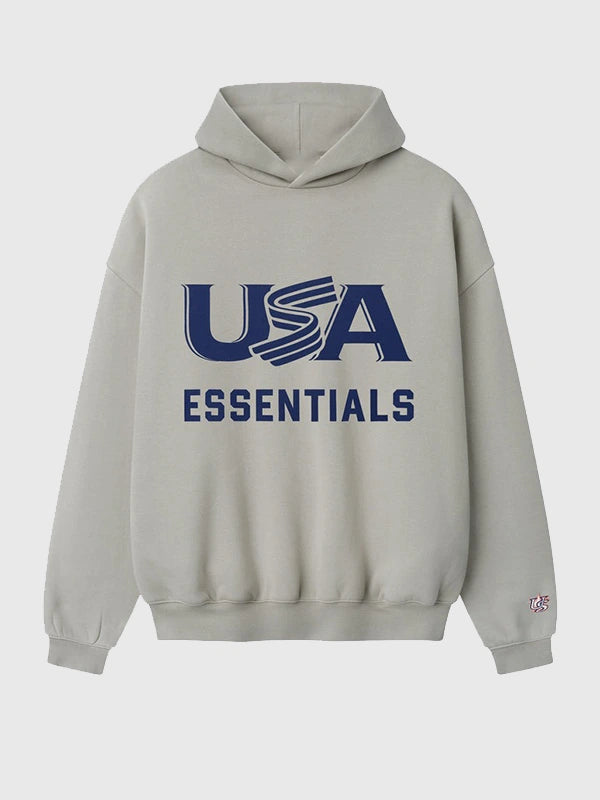 RECREATED Essentials Fear of God 2026 USA Baseball Sport Fleece Pullover Hoodie in Grey featuring plush fleece fabric with a relaxed casual profile