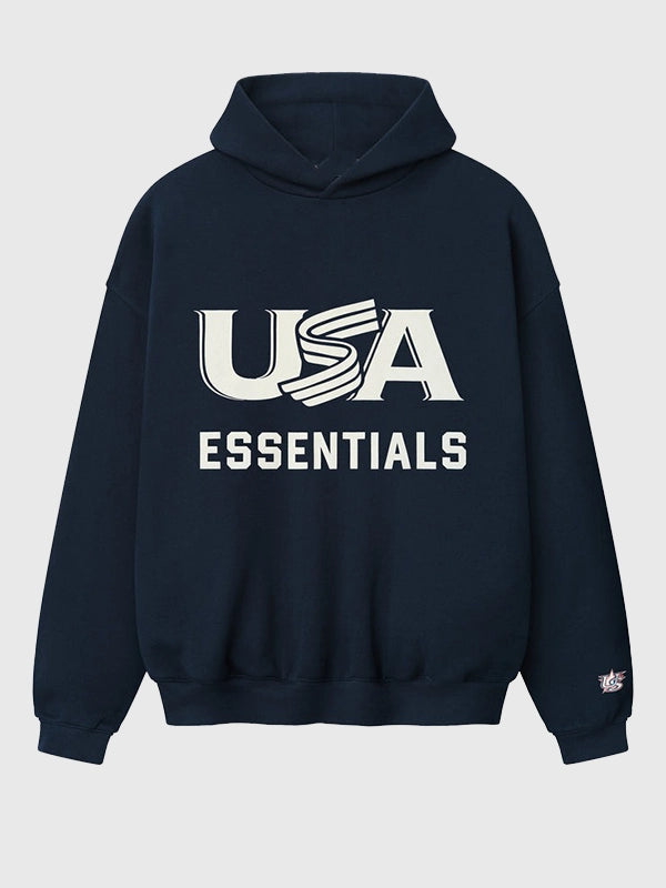 RECREATED Essentials Fear of God 2026 USA Baseball Sport Fleece Pullover Hoodie in Navy featuring soft fleece fabric with a clean athletic silhouette