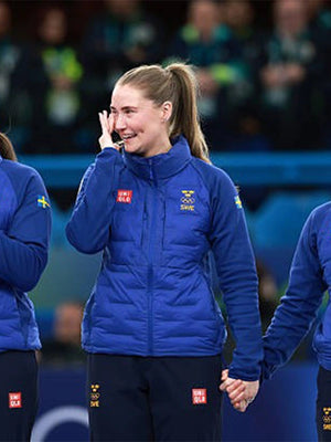 Recreated Uniqlo Team Sweden Milano Cortina 2026 blue puffer jacket with structured fit and cold weather performance design