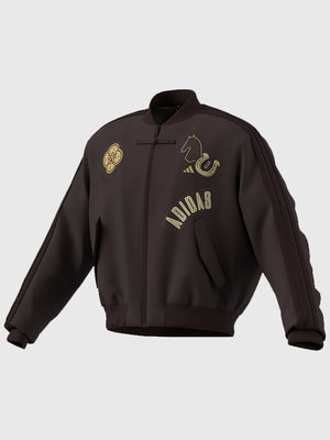 RECREATION Adidas padded bomber jacket in brown featuring 3 Stripes detailing and Modern China styling