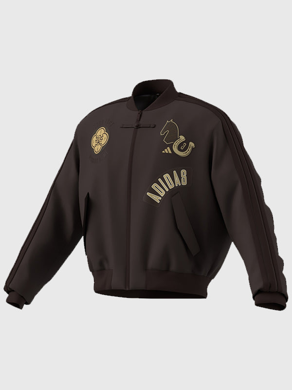 RECREATION Adidas padded bomber jacket in brown featuring 3 Stripes detailing and Modern China styling