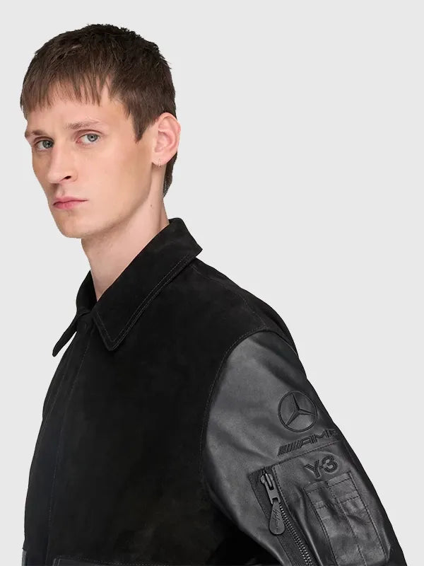 RECREATED Y-3 x Mercedes Adidas Black Leather Jacket 2026 offering a polished outerwear look with contemporary motorsport aesthetics