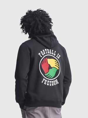 Black unisex Adidas hoodie recreated with fleece fabric and Football Is Freedom design elements from the 2026 Bob Marley collection celebrating his connection to football and culture.