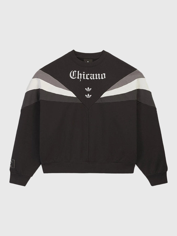 Recreated Adidas x Willy Chavarria Chicano Crewneck 2.0 sweatshirt in black with bold front lettering and relaxed unisex fit