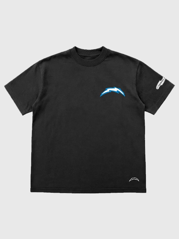 Black classic crewneck T-shirt designed for comfort with Seen x Chargers “Sorry I Was Bolting Up” styling