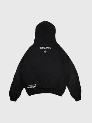 Black Toronto Blue Jays and The Weeknd 2025 Legacy Hoodie featuring World Series graphics and soft fleece fabric.