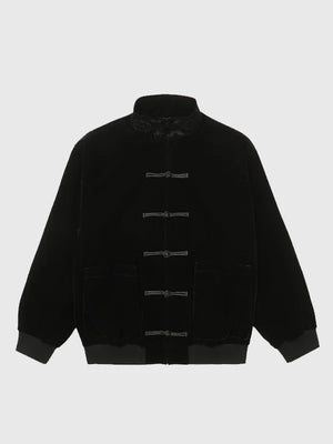 Black CLOT velvet jacket for men and women with soft sheen finish and modern streetwear silhouette
