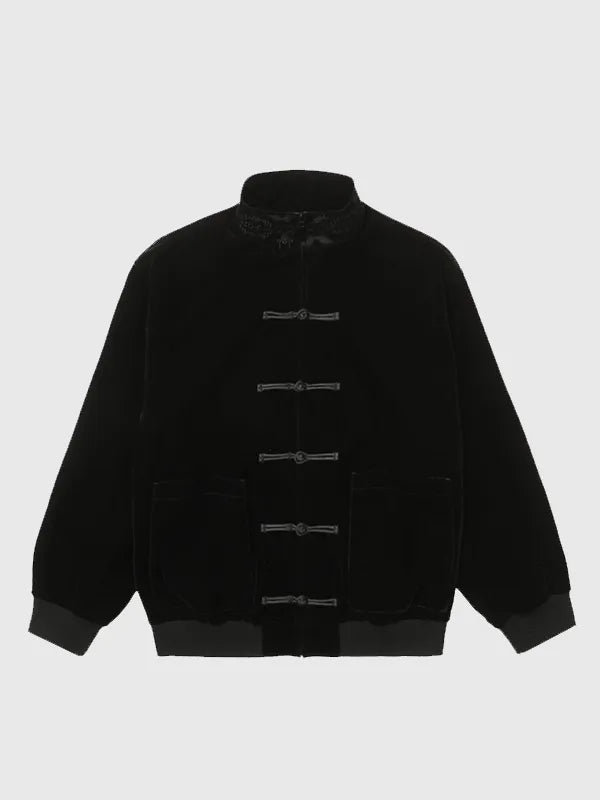 Black CLOT velvet jacket for men and women with soft sheen finish and modern streetwear silhouette