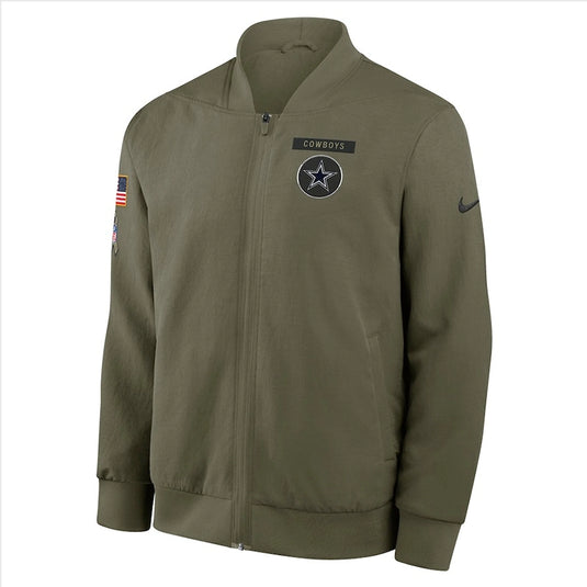 Olive green Nike 2025 Salute to Service bomber jacket showcasing Dallas Cowboys graphics with lightweight warmth and durability.