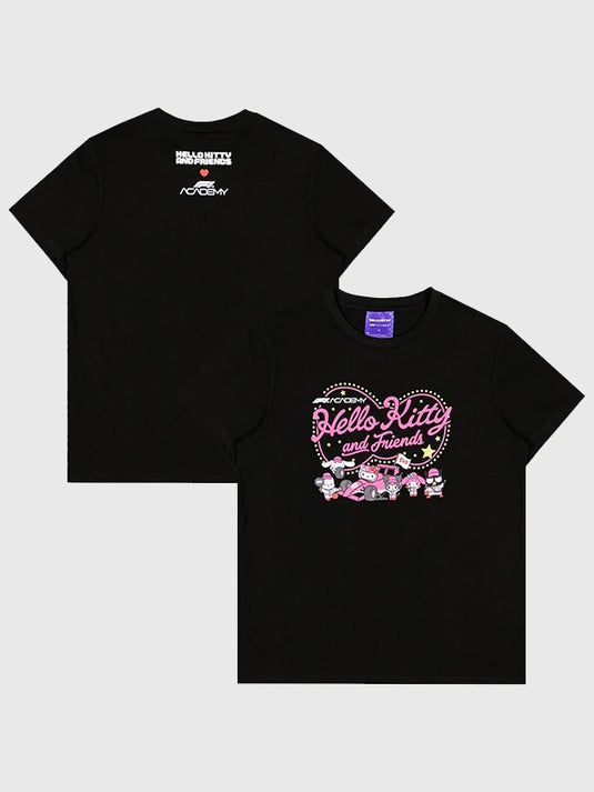 Unisex Formula 1 Academy Hello Kitty Black Pit Crew T-Shirt with front graphic design.