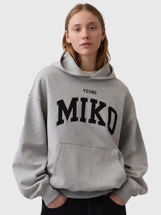 RECREATED Grey Gap x Young Miko 2026 Fleece Hoodie crafted from warm fleece material with a comfortable everyday fit