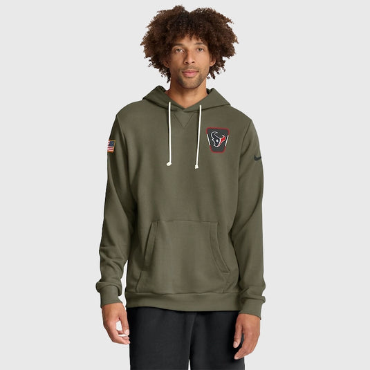Olive green Nike Hoodie celebrating the 2025 Salute to Service collection with Houston Texans logo on the chest.
