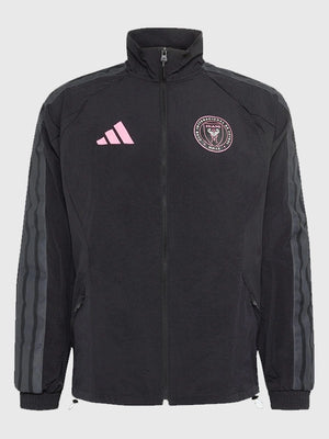 Black unisex Inter Miami CF anthem jacket recreated from Adidas, featuring a streamlined athletic fit and clean club styling.