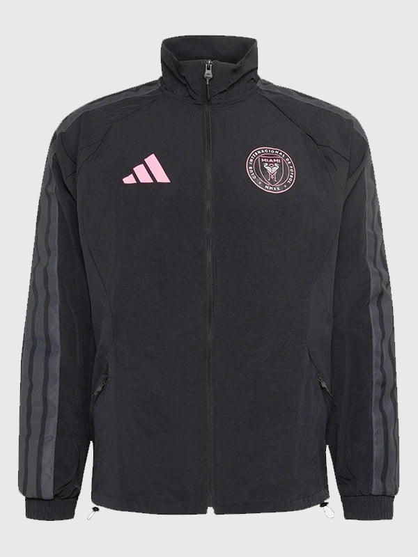 Black unisex Inter Miami CF anthem jacket recreated from Adidas, featuring a streamlined athletic fit and clean club styling.
