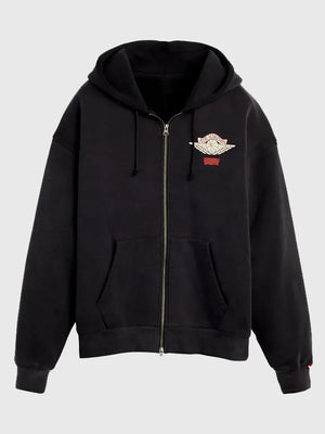 Recreated unisex Levi’s x Jordan full-zip hoodie in black with co-brand graphic detailing and relaxed streetwear fit