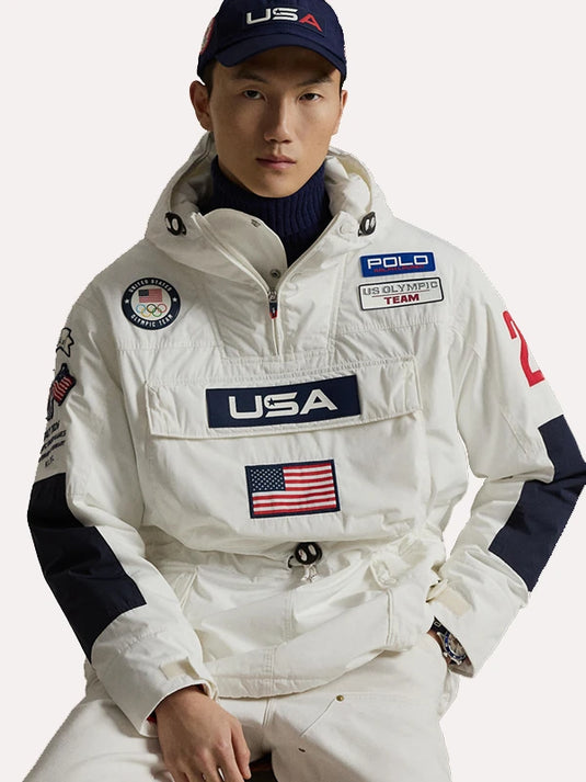 Milano Cortina 2026 themed white insulated hooded anorak jacket by Polo Ralph Lauren featuring streamlined fit and versatile layering