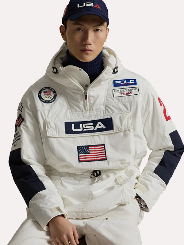 Milano Cortina 2026 themed white insulated hooded anorak jacket by Polo Ralph Lauren featuring streamlined fit and versatile layering