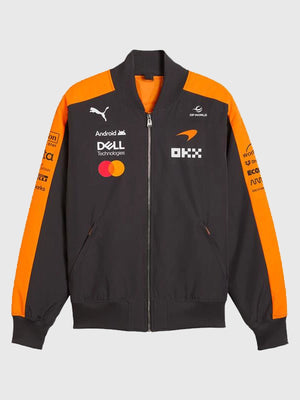 Unisex black and orange McLaren F1 PUMA 2026 Team bomber jacket featuring full‑zip front and ribbed cuffs