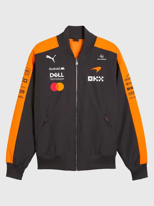 Unisex black and orange McLaren F1 PUMA 2026 Team bomber jacket featuring full‑zip front and ribbed cuffs