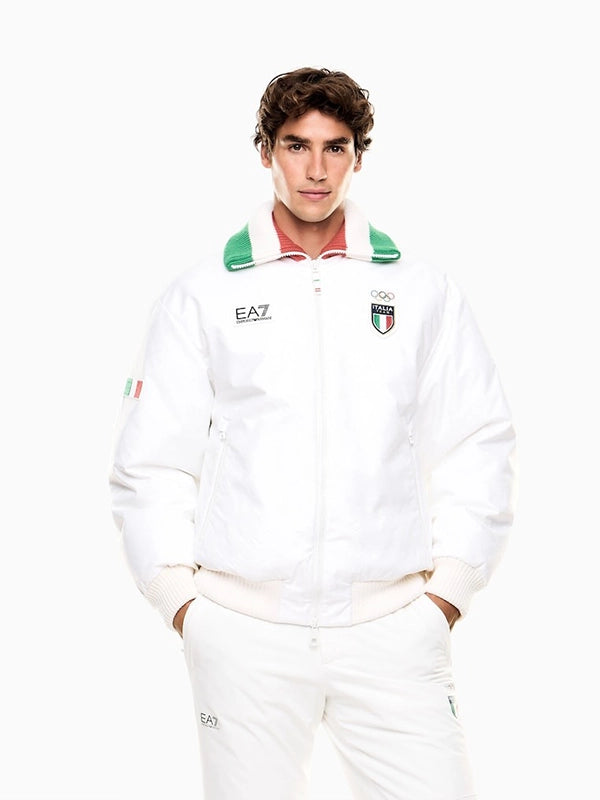 White full-zip bomber jacket linked to Milano Cortina 2026 Winter Olympics showcasing EA7 Emporio Armani’s contemporary athletic design