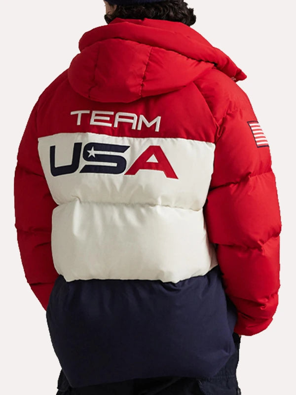 Red and white Team USA hooded puffer jacket inspired by Snoop Dogg at Milano Cortina 2026, full-zip front and structured silhouette
