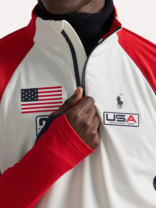 Red and white Polo Ralph Lauren fleece pullover reflecting Team USA winter sports heritage and everyday comfort
