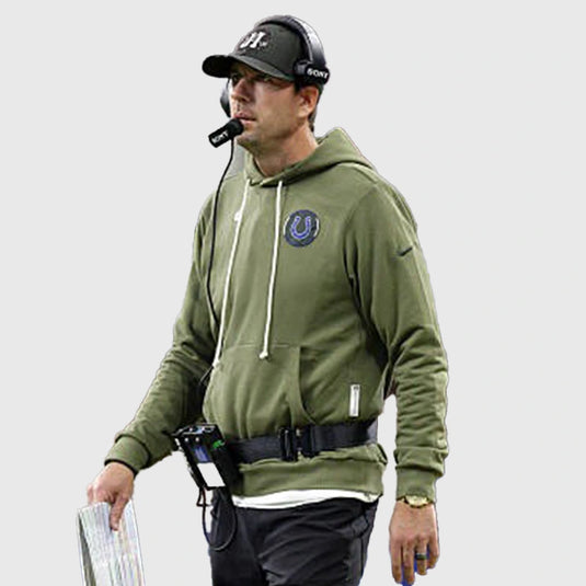Shane Steichen Indianapolis Colts 2025 Salute to Service Olive Green Fleece Hoodie with soft interior lining.