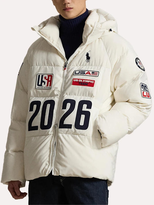 Polo Ralph Lauren off-white Flagbearer jacket designed around Milano Cortina 2026 Winter Olympics Team USA theme with modern athletic styling