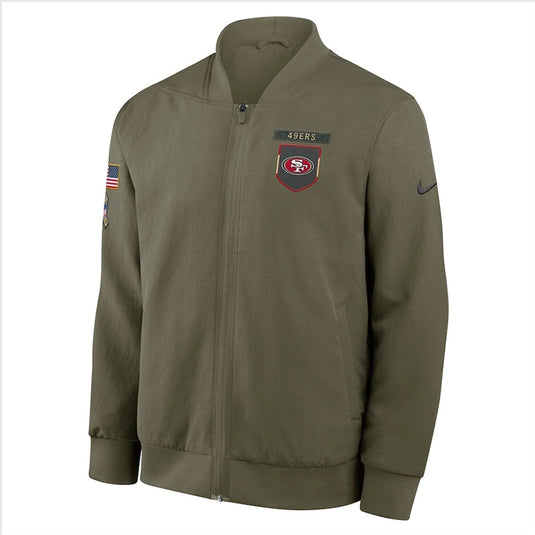 2025 Nike Salute to Service bomber jacket in olive green crafted for San Francisco 49ers fans with soft fleece lining and premium finish.
