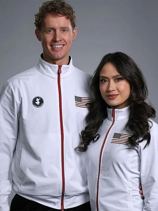 White US Figure Skating Team Save The Duck jacket inspired by Milano Cortina 2026 Winter Olympics, lightweight padded construction and clean sporty look