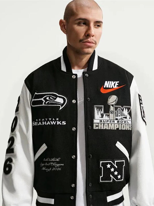 Seattle Seahawks Super Bowl LX champions destroyer jacket in black and white with classic varsity design