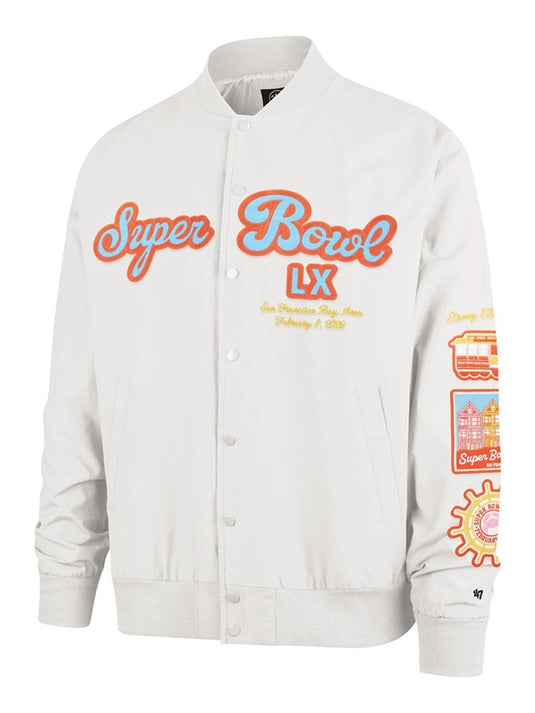 RECREATED Stoney Clover Lane 2026 Super Bowl LX ’47 twill bomber jacket in grey with classic varsity-inspired styling