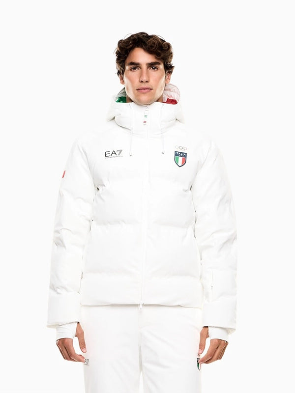 Team Italy inspired white ski hooded puffer jacket from EA7 Emporio Armani with lightweight parachute construction and cold-weather comfort