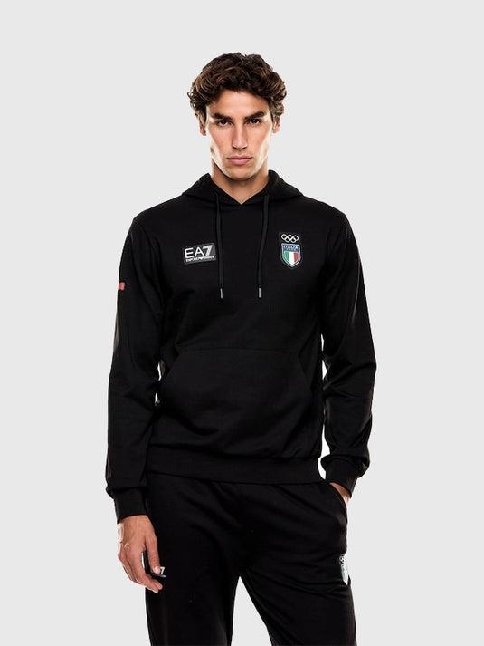 Black fleece pullover hoodie linked to Milano Cortina 2026 Winter Olympics showcasing EA7 Emporio Armani’s contemporary athletic approach