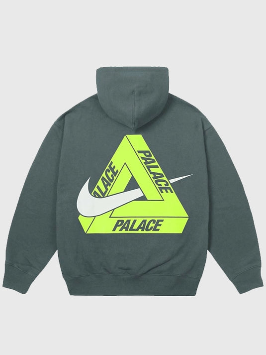 2025 Palace x Nike Tri Swoosh hoodie in charcoal grey fleece blending sporty energy with clean minimalist design.