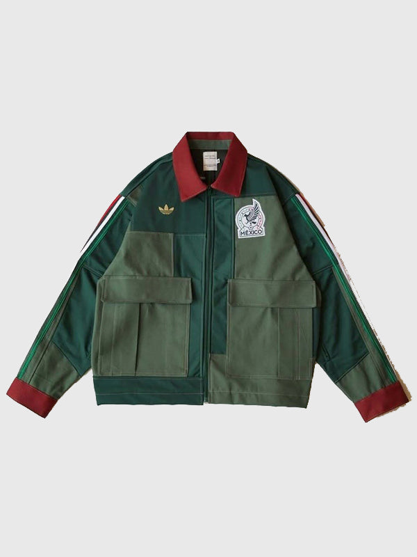 Recreated Unisex Adidas 2026 Mexico Worker cotton jacket in green with sturdy fabric and classic workwear-inspired design