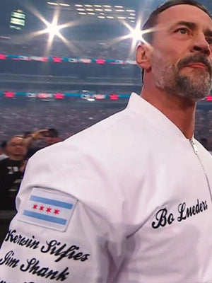 CM Punk Bo Loudes WrestleMania 42 Full Zip Bomber Jacket with structured fit, ribbed trims, and bold event-inspired styling