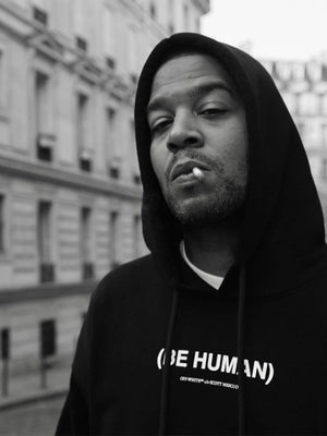 RECREATED Off-White x Kid Cudi 2026 Be Human Black Fleece Pullover Hoodie featuring soft fleece fabric with a bold streetwear silhouette