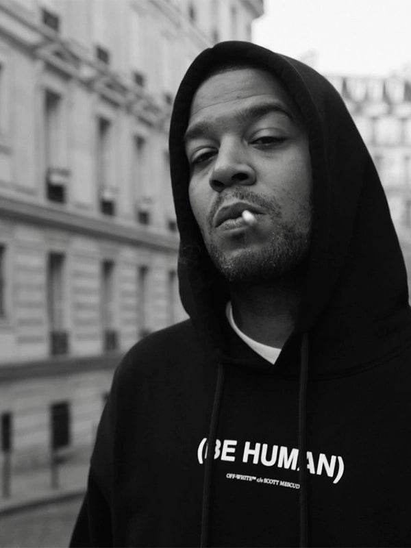 RECREATED Off-White x Kid Cudi 2026 Be Human Black Fleece Pullover Hoodie featuring soft fleece fabric with a bold streetwear silhouette