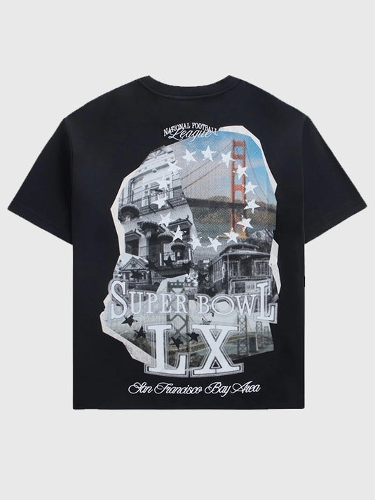 RECREATED Off Season x Super Bowl LX 2026 black t-shirt featuring vibrant printed graphics in unisex sizing