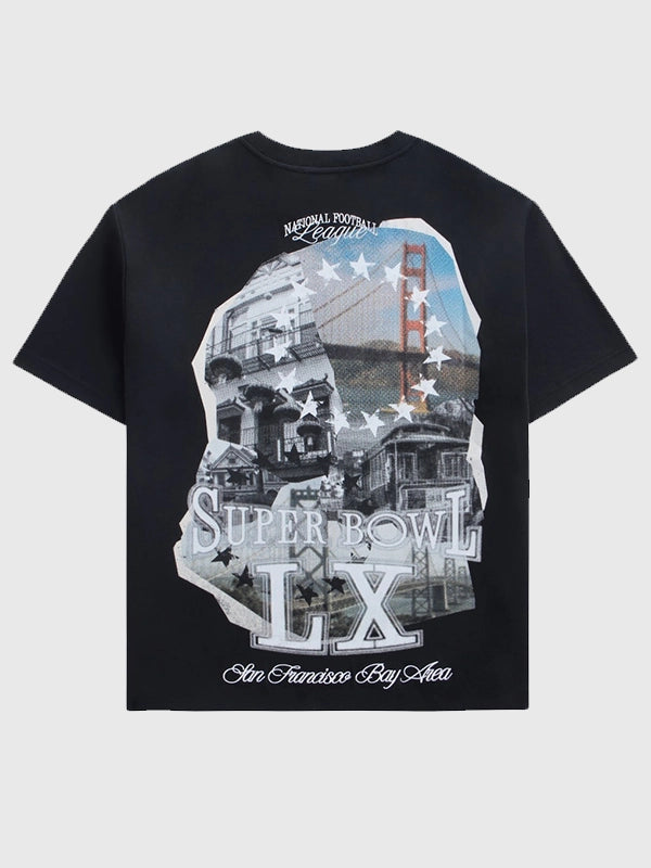 RECREATED Off Season x Super Bowl LX 2026 black t-shirt featuring vibrant printed graphics in unisex sizing