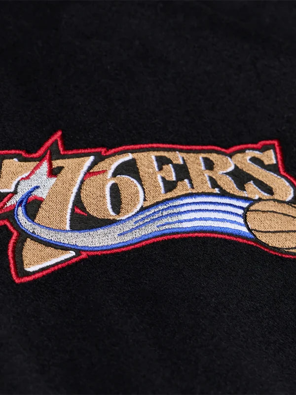 Mitchell & Ness Philadelphia 76ers Walk The Tunnel black varsity jacket recreated with iconic Iverson-inspired design