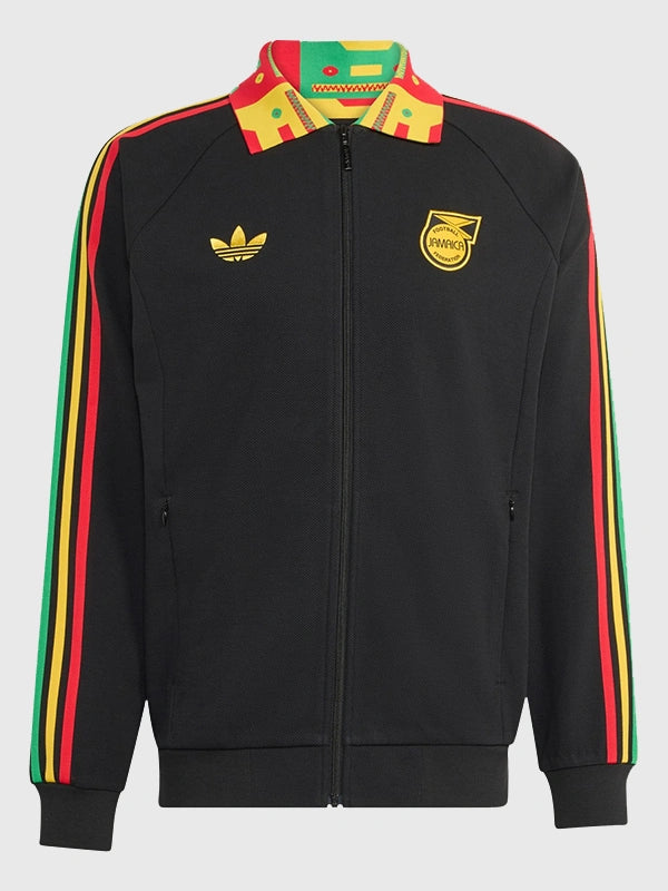 Recreated Adidas Jamaica x Bob Marley 2026 Away Anthem unisex black zip-up jacket with bold co-brand graphics