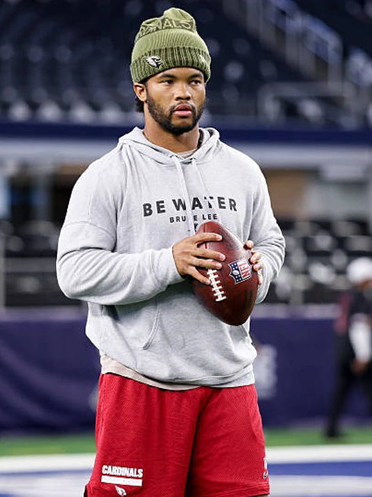 Stylish grey Be Water Bruce Lee hoodie from Kyler Murray’s Arizona Cardinals 2025 collection.