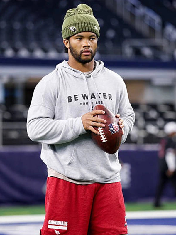 Stylish grey Be Water Bruce Lee hoodie from Kyler Murray’s Arizona Cardinals 2025 collection.