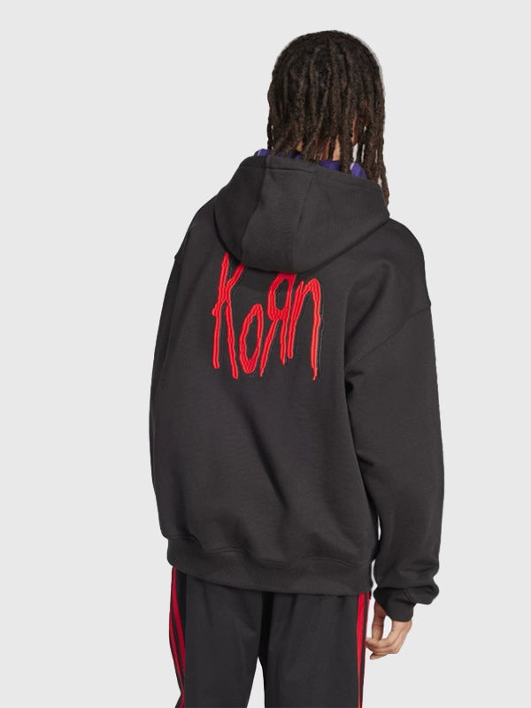 Recreated Korn x Adidas black pullover hoodie combining bold stripe accents with oversized streetwear style