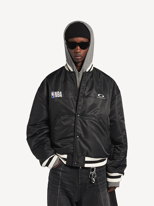 Balenciaga x NBA 2026 black coach bomber jacket crafted in smooth satin with bold sports-meets-fashion appeal