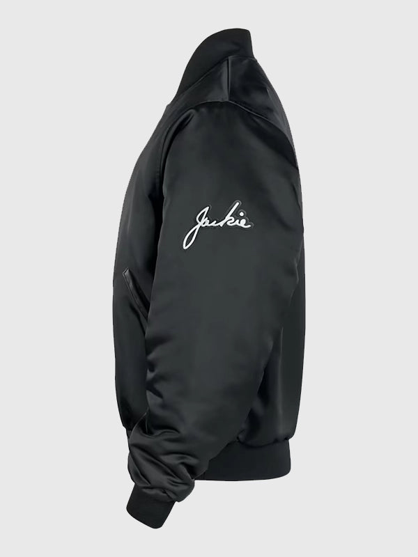 Nike Sportswear Club Jackie Robinson Black Satin Bomber Jacket featuring smooth satin finish and tribute-inspired detailing