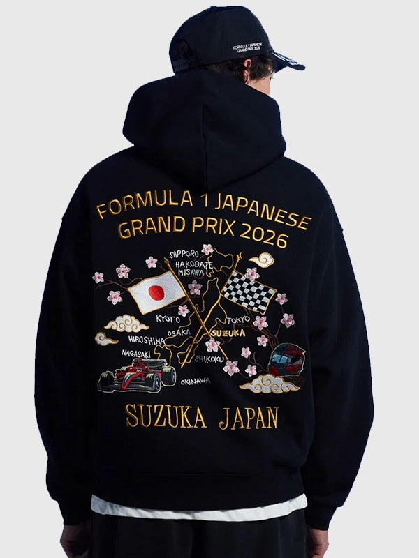 RECREATED black fleece hoodie from F1 x Pacsun Suzuka Sakura collection, crafted in pullover style with warm feel and modern motorsport streetwear look